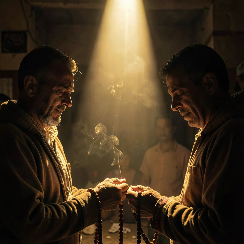 Dramatic light through darkness in Addis Ababa, Ethiopia, Hands holding prayer b