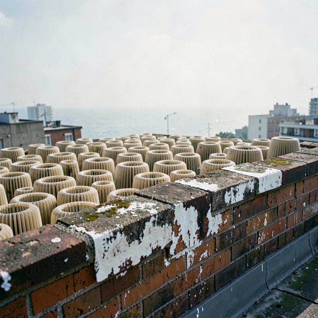 Midday haze flattens an ocean of beige condenser shells crowded against a brick 