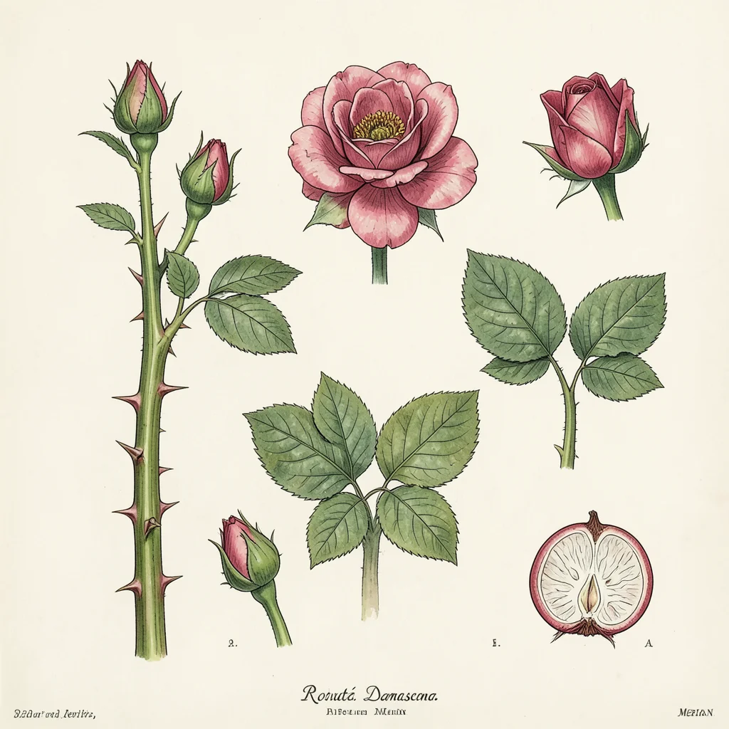 A complete specimen plate of Rosa damascena — full stem with thorns, an open blo