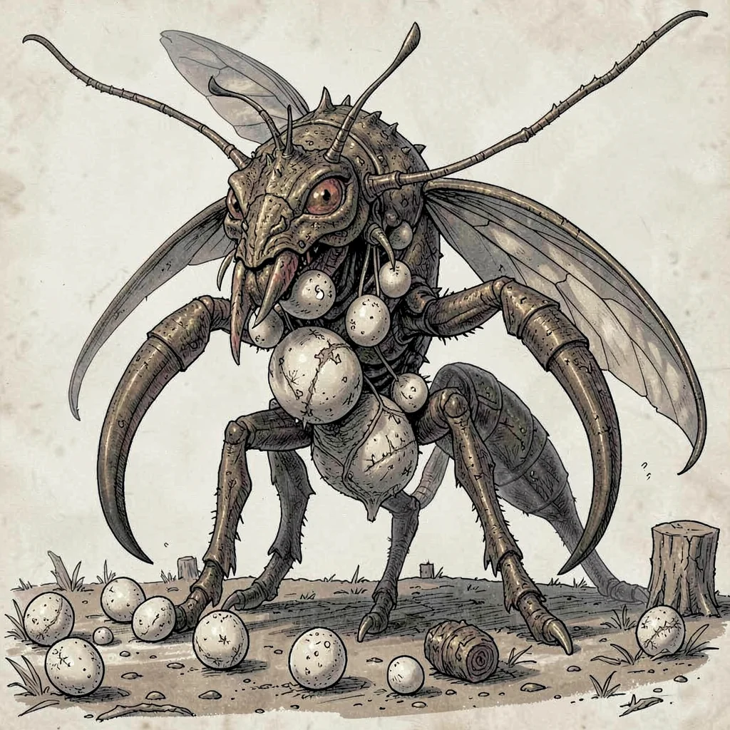 Fantasy creature illustration, an insectoid hive queen with egg sacs and protect