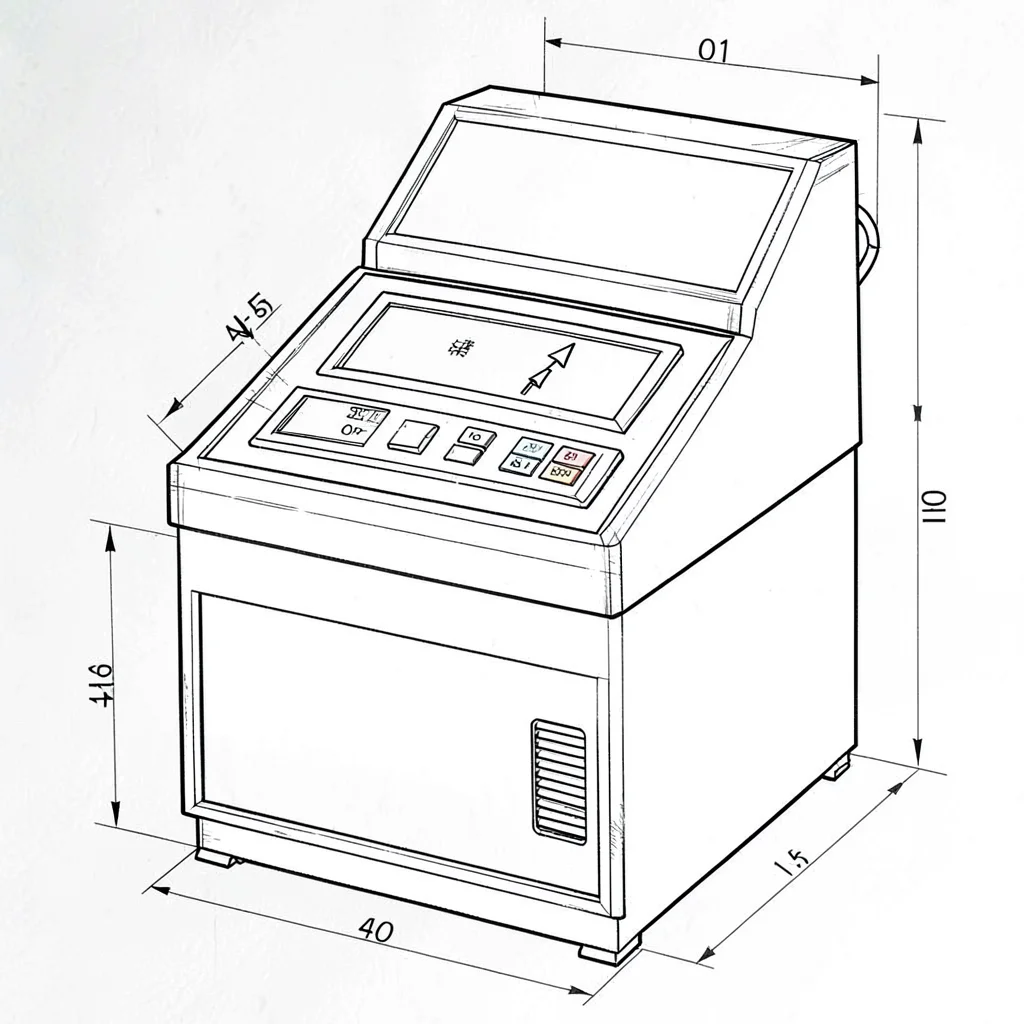 Engineering schematic of a manual cash counter, fine pen lines and dimension arr