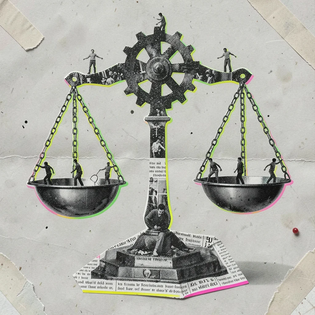 Giant balance scale built from halftone gears in editorial collage, with small c