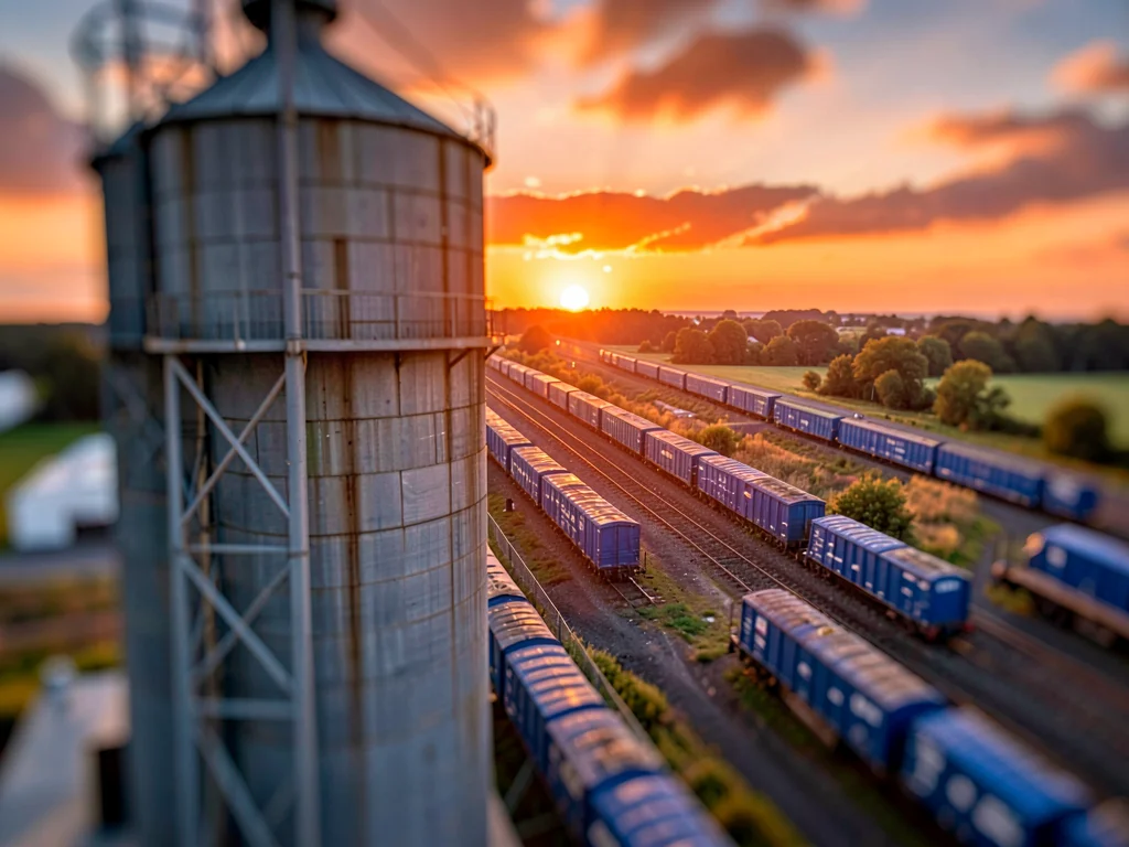 High atop a grain silo, tilt-shift photograph of a marshalling yard at dawn, sat