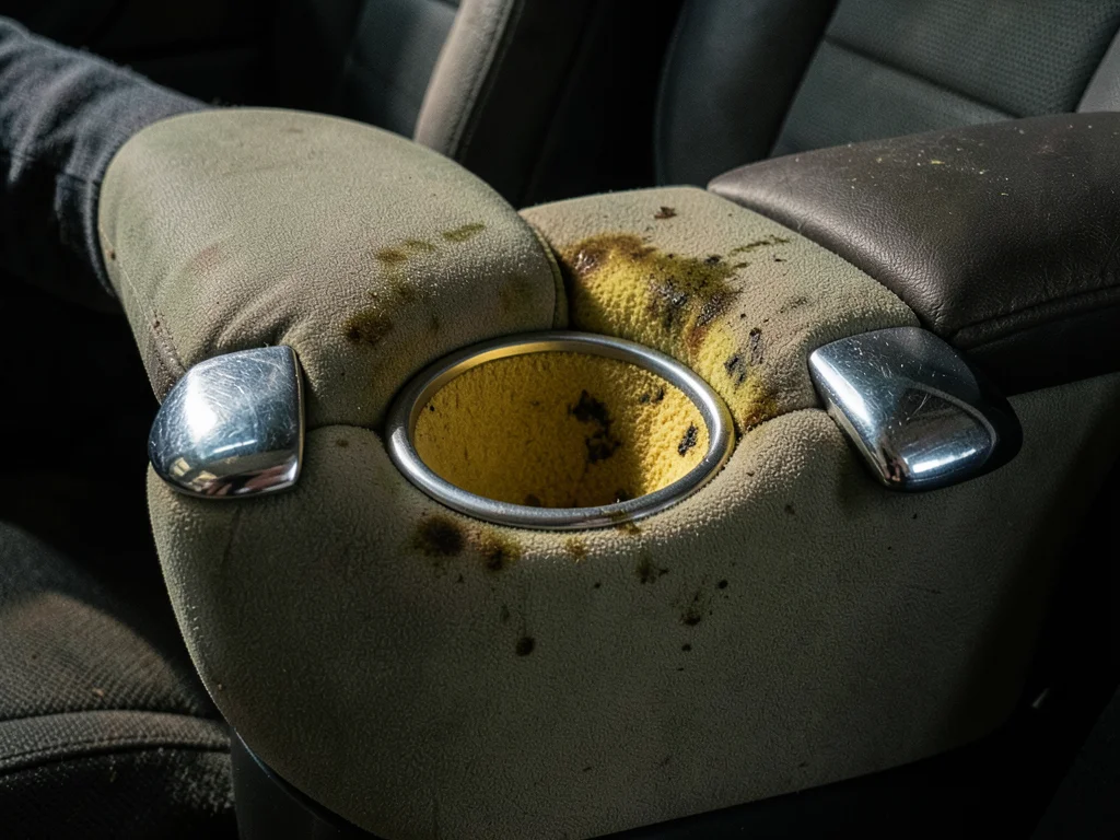 A cinema armrest shared between two seats, the padded vinyl worn through to yell