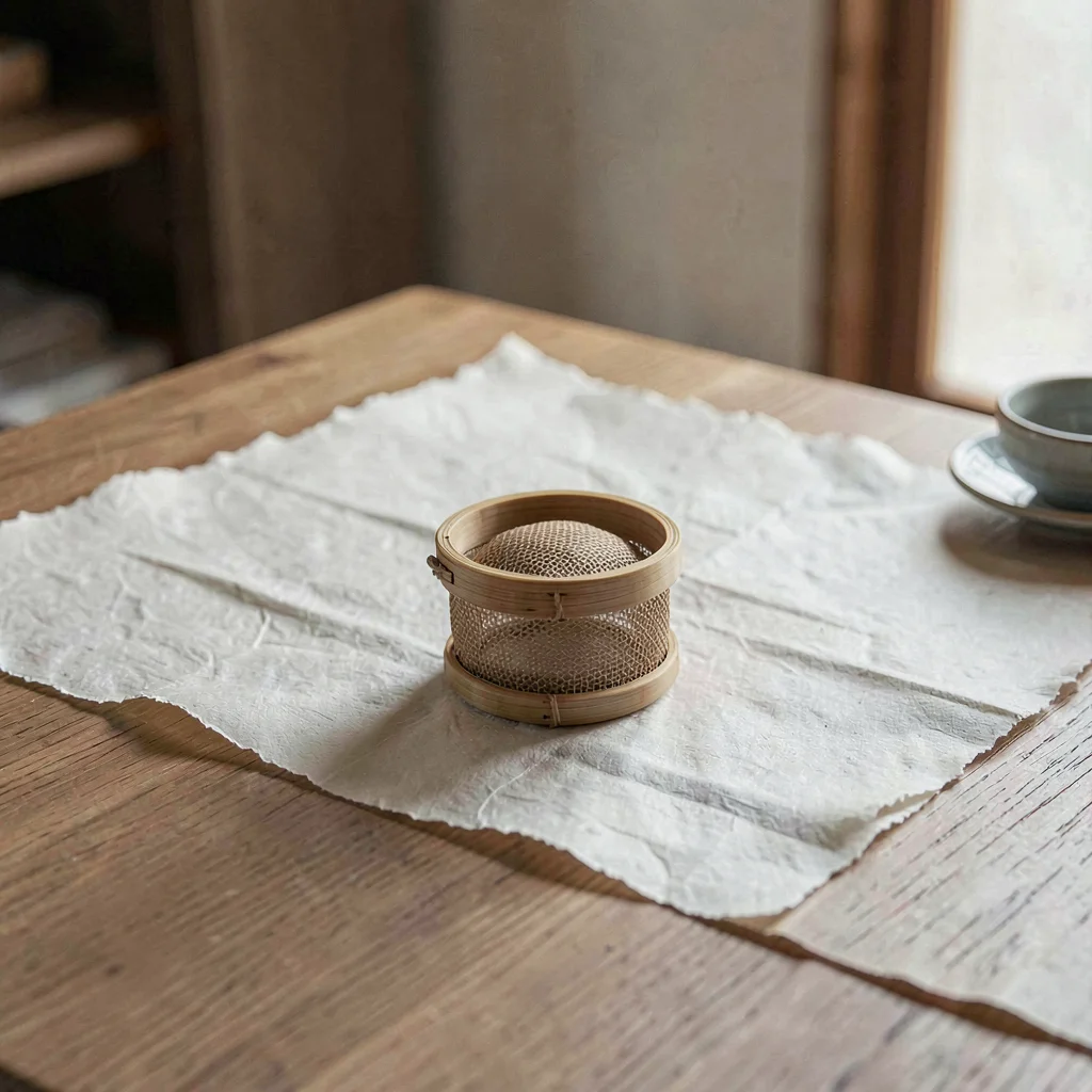 One small bamboo tea strainer with woven filter resting on hand-deckled rice pap