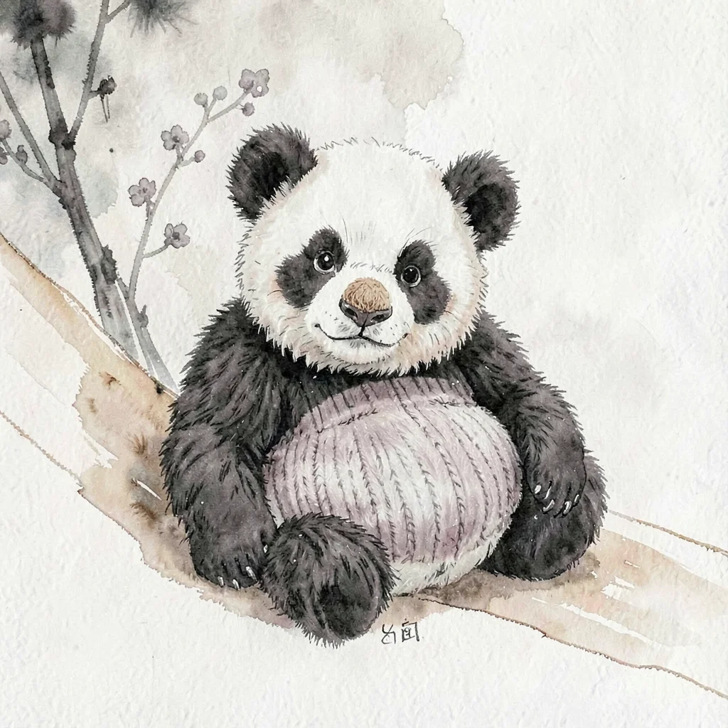 Pot-bellied soft-plum knit panda cub with thick mohair patches and a felted nose