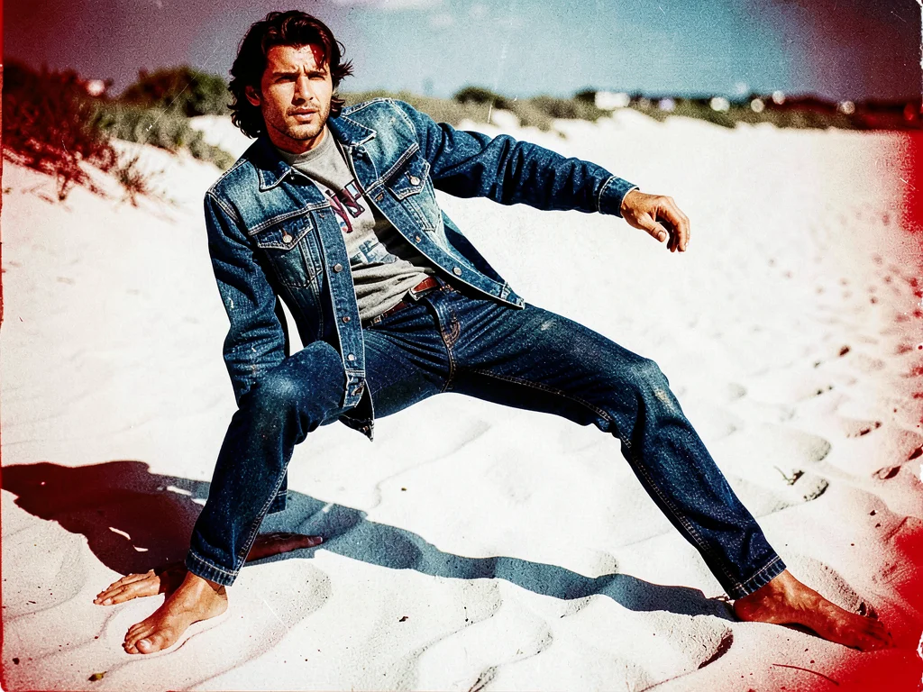 Ink-blue denim editorial — deep indigo jeans and jacket, colour over-rich, worn 