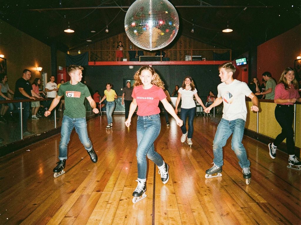 Roller rink interior, disco ball, wood floor, teens skating, warm tungsten Kodac