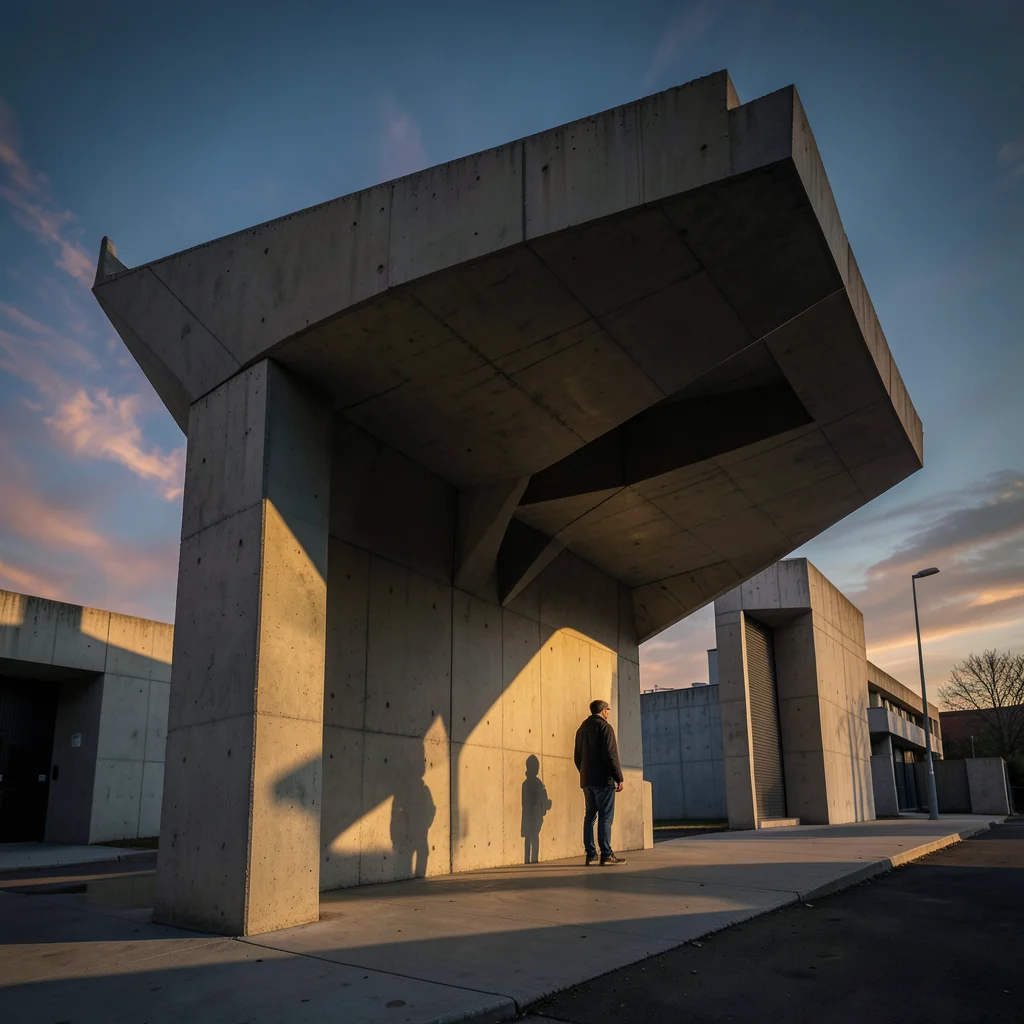 A concrete bus shelter, its folded-plate roof creating an angular shadow, a sing