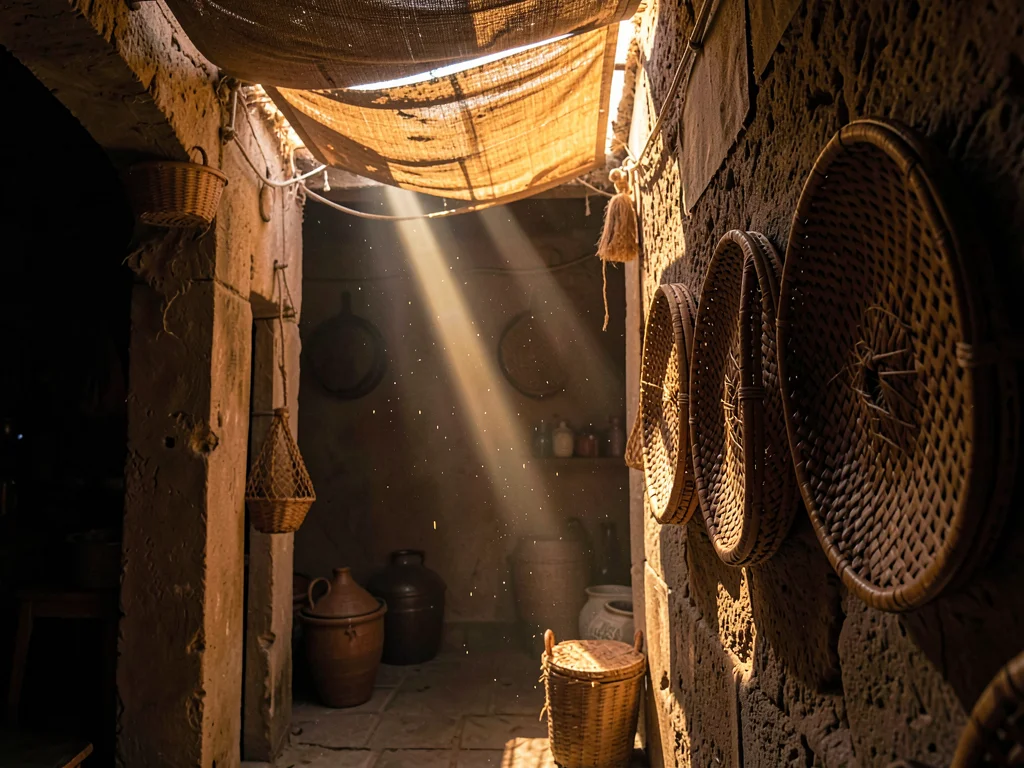 Woven baskets on wall receiving slash of late afternoon light through roof gap