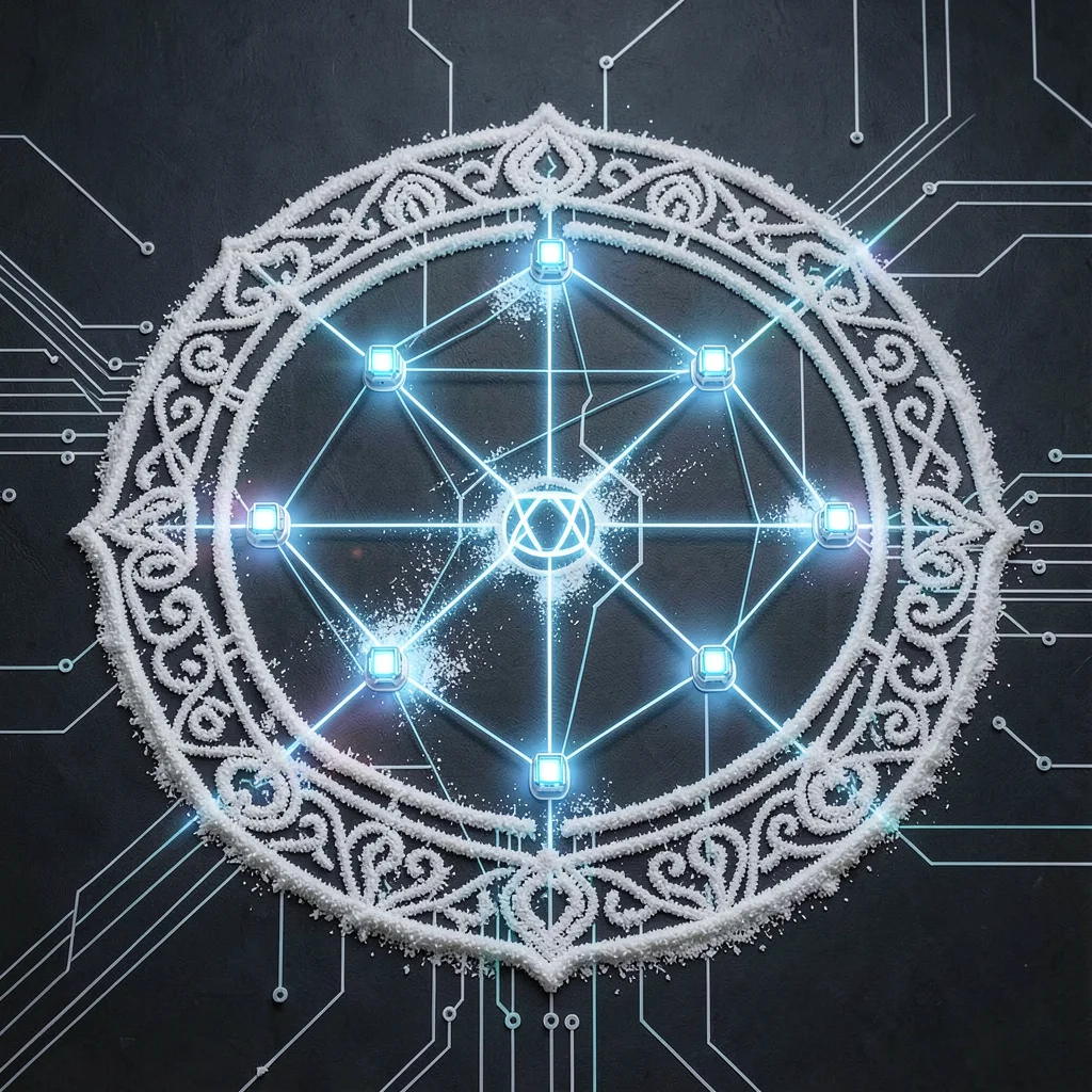 Kolam pattern as network diagram, each intersection point a glowing router node