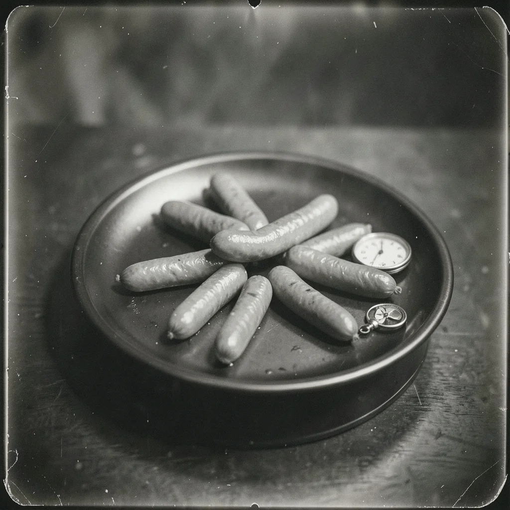 Gas station roller grill sausages arranged in a star pattern on dark pewter plat