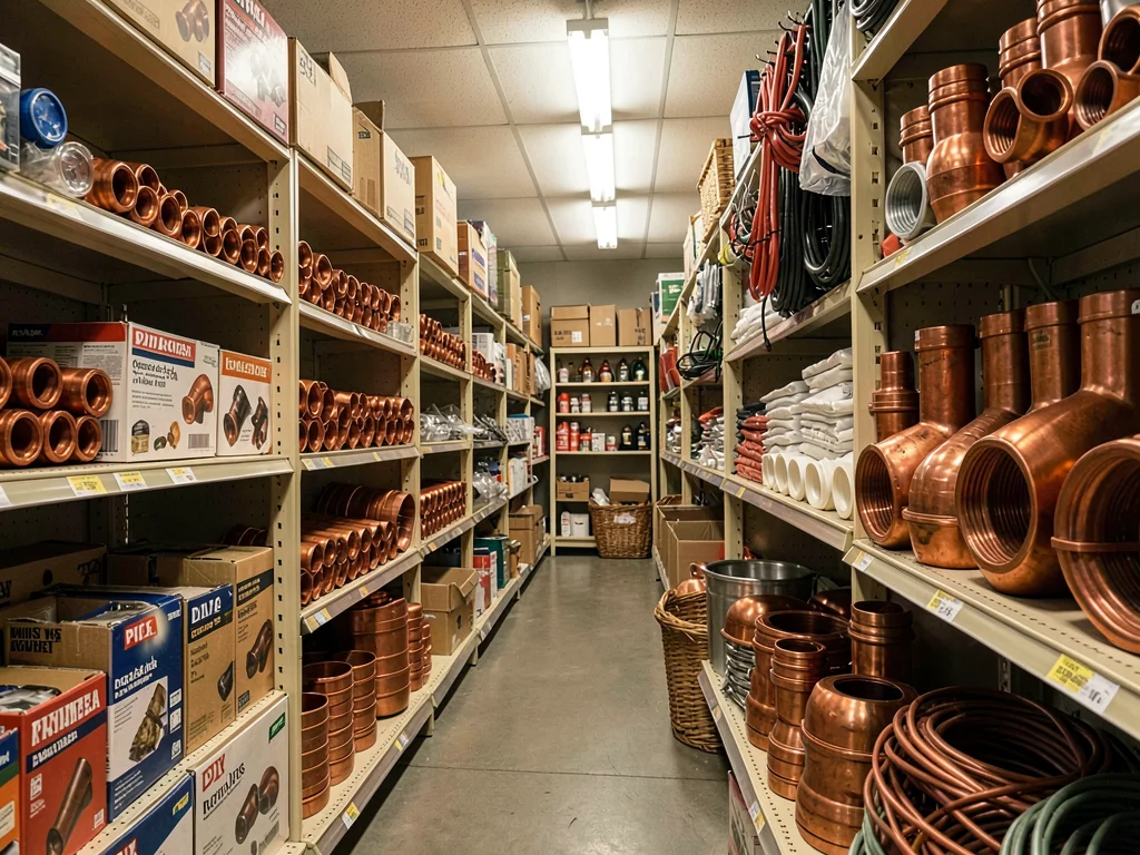 Plumbing fittings aisle, copper elbows and PVC joints, the puzzle pieces of wate