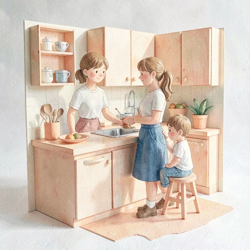Papercraft scene of a paper kitchen with a parent at a counter and a child on a 