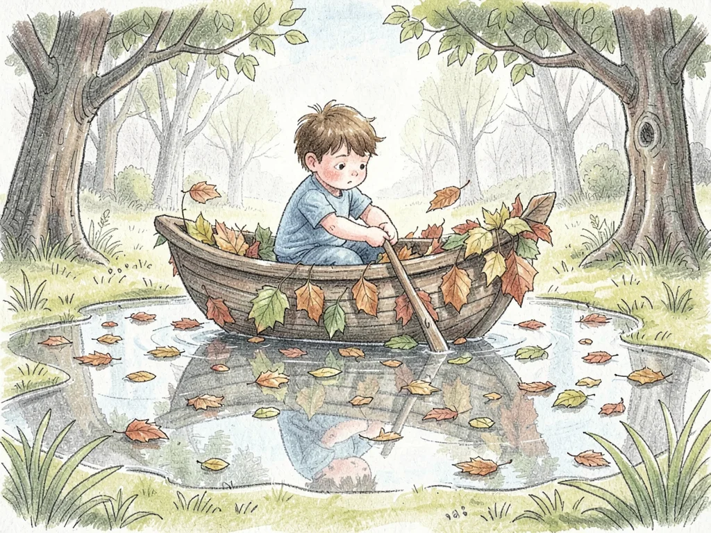 Child sailing leaf boat across puddle