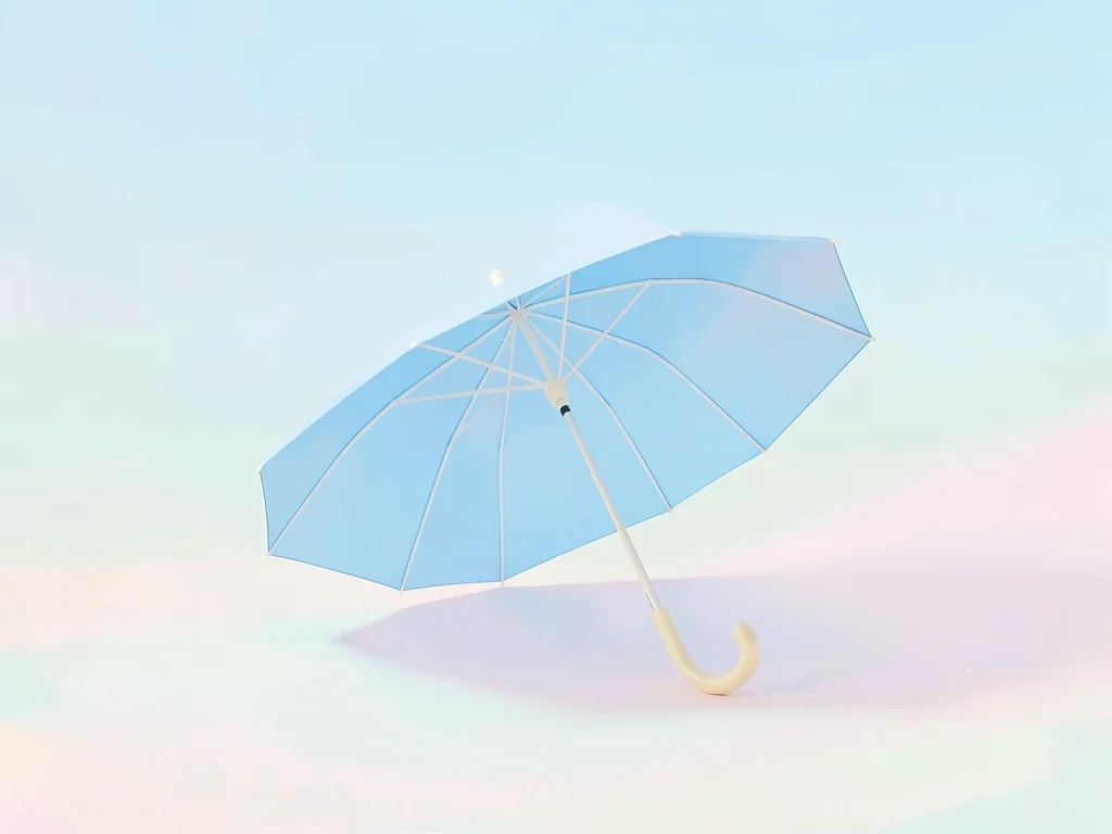 Wide sky-blue lowpoly umbrella opened with eight triangulated panels and a cream
