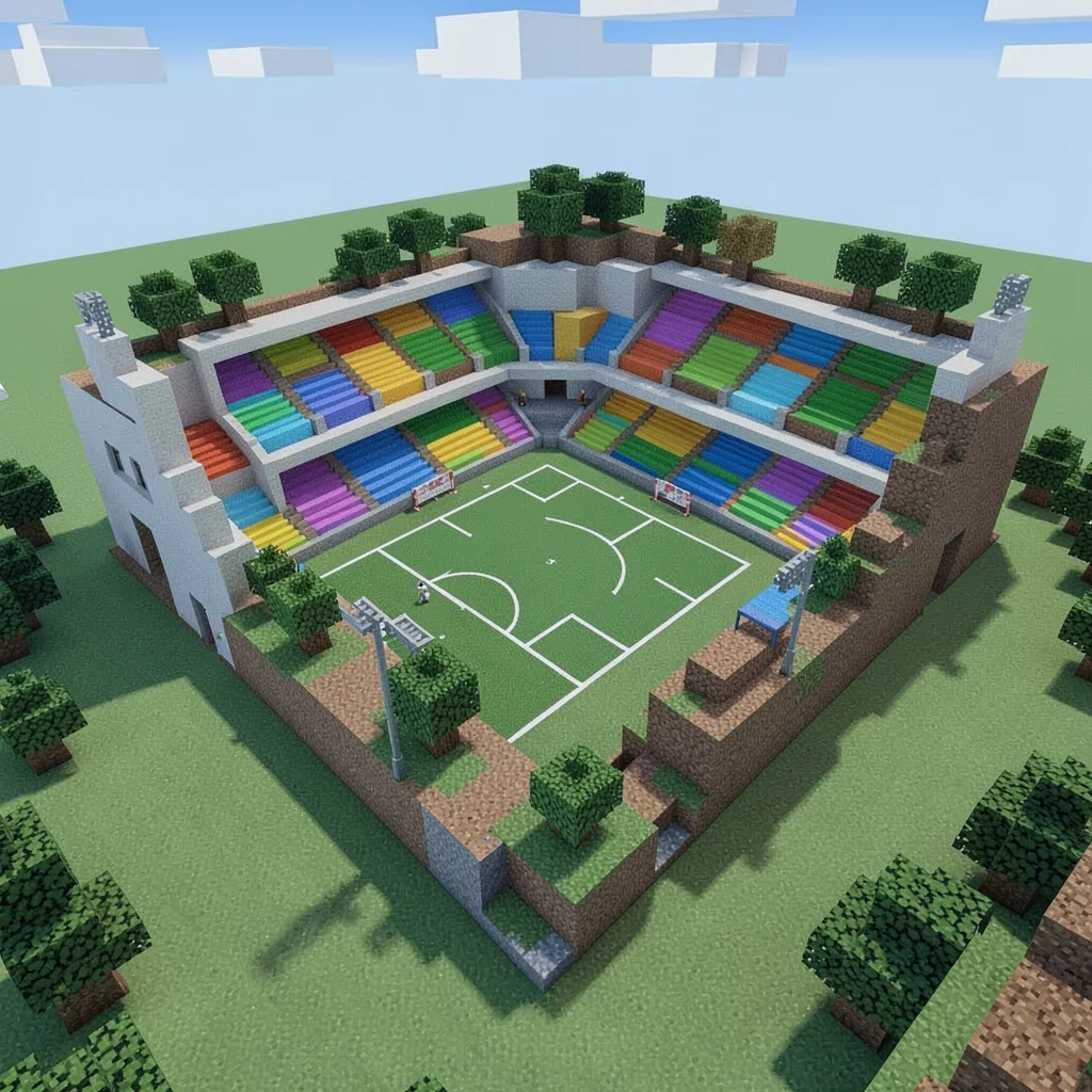 Voxel 3D illustration, blocky sports stadium , cubic voxel construction, blocky 