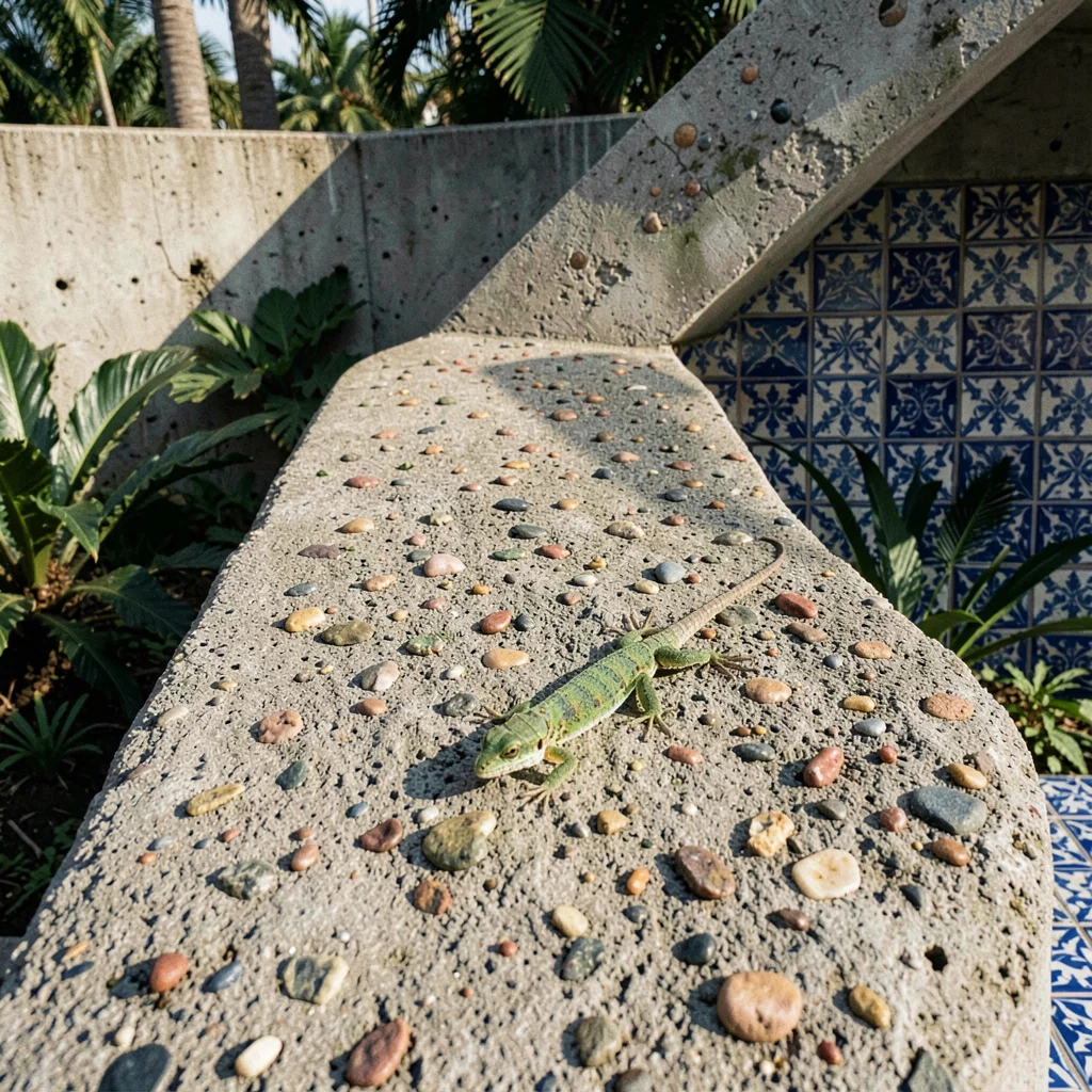 Close-up of raw concrete surface with embedded pebble aggregate, a lizard motion
