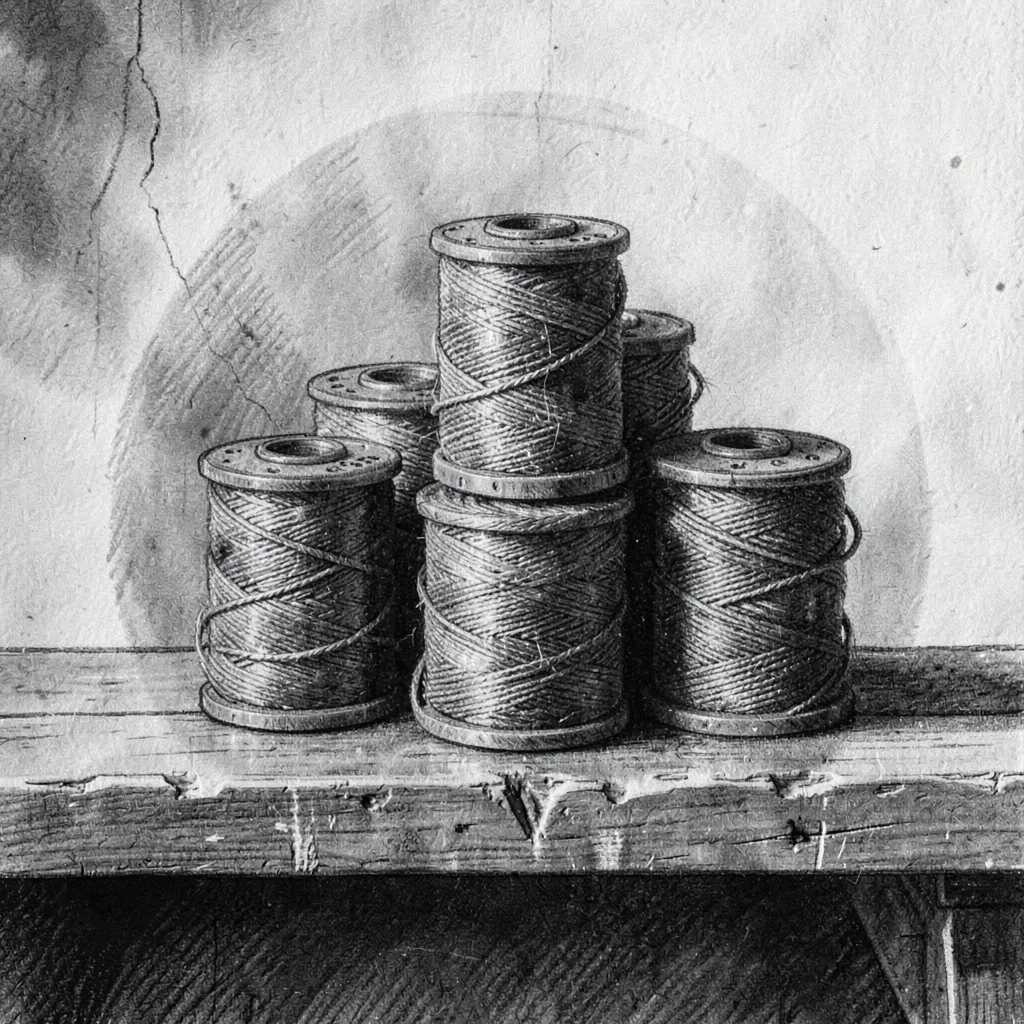 Charcoal of a cluster of butcher's twine spools on a worn shelf, soft graphite h