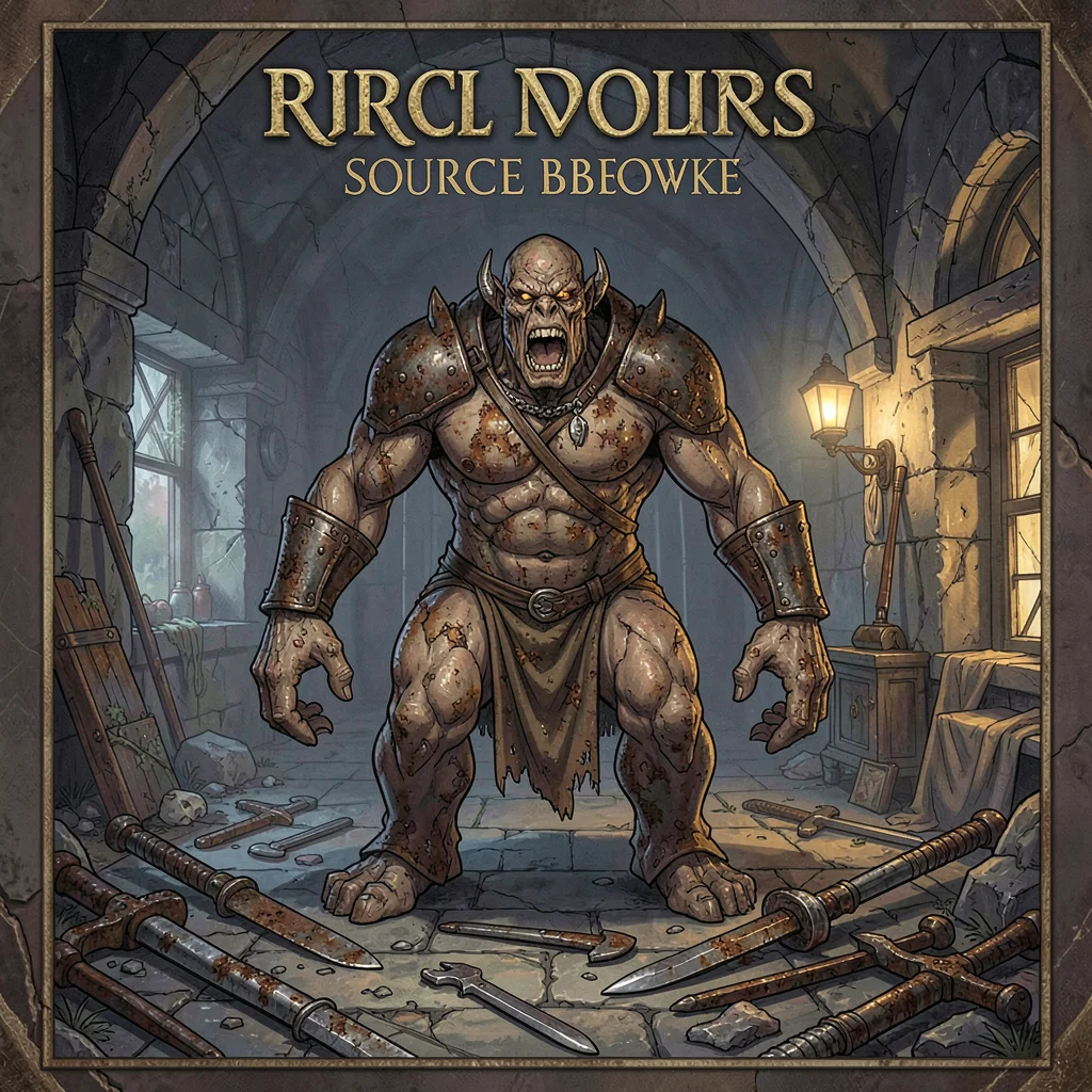 RPG sourcebook illustration, a rust monster in a dungeon, discarded corroded wea