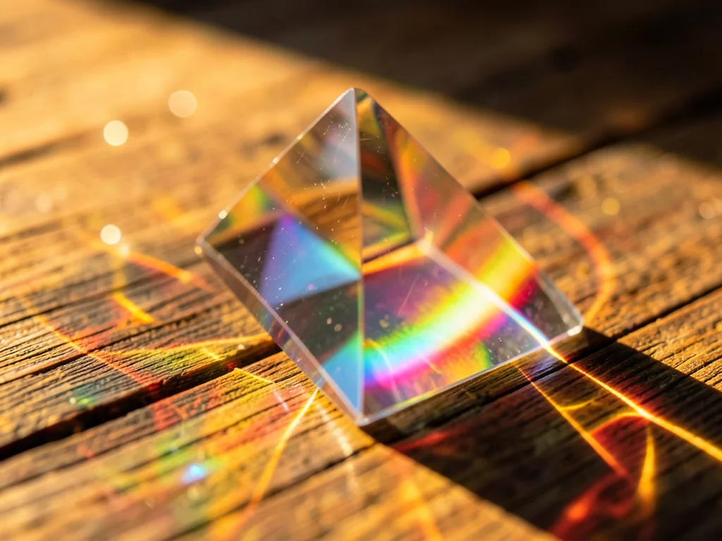 Handheld prism catching golden hour light, warm spectrum skewed toward amber and