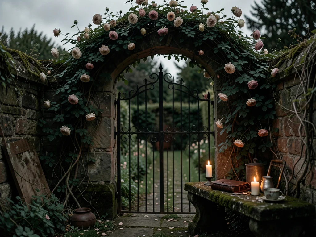 An overgrown walled garden with a wrought-iron gate, climbing roses over a crumb