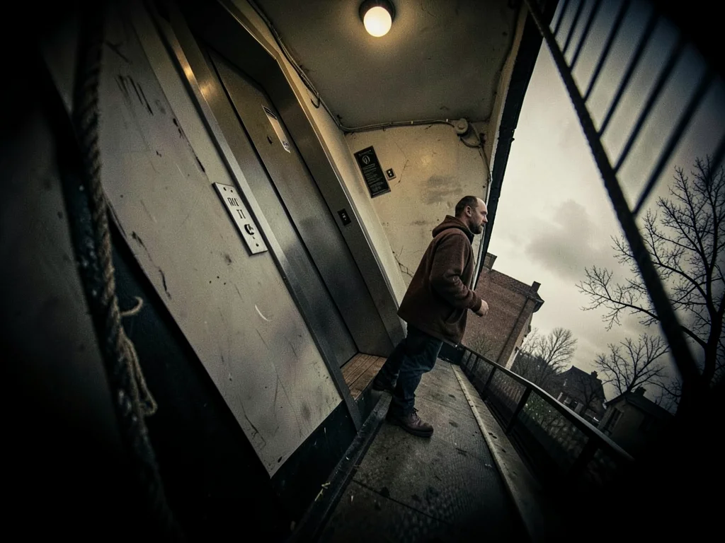 Man waiting for an elevator that won't come, the hallway tilted like a sinking s
