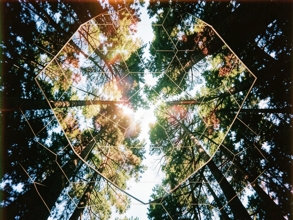 Hexagonal grid overlay on a forest canopy seen from below, trees seen through ge