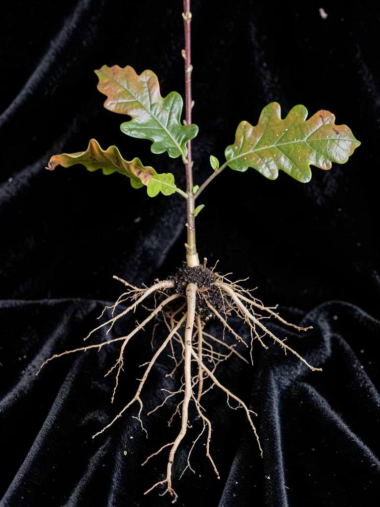 A young oak seedling with its entire root system exposed against black velvet, f