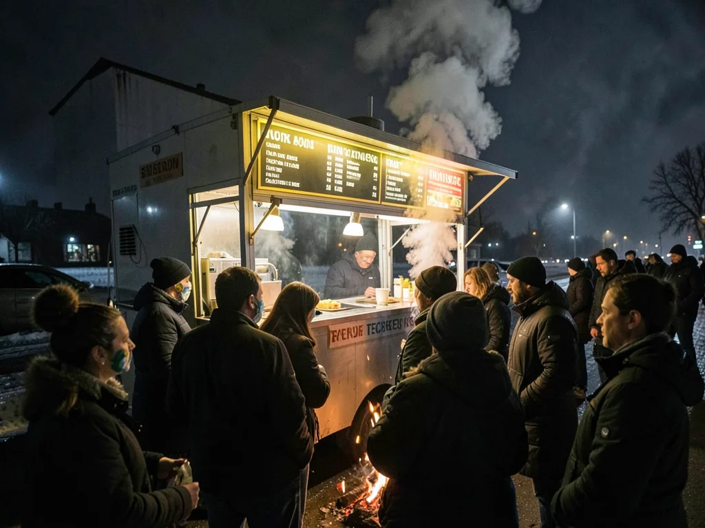 A late-night food cart with steam rising into the cold air, customers huddled ar