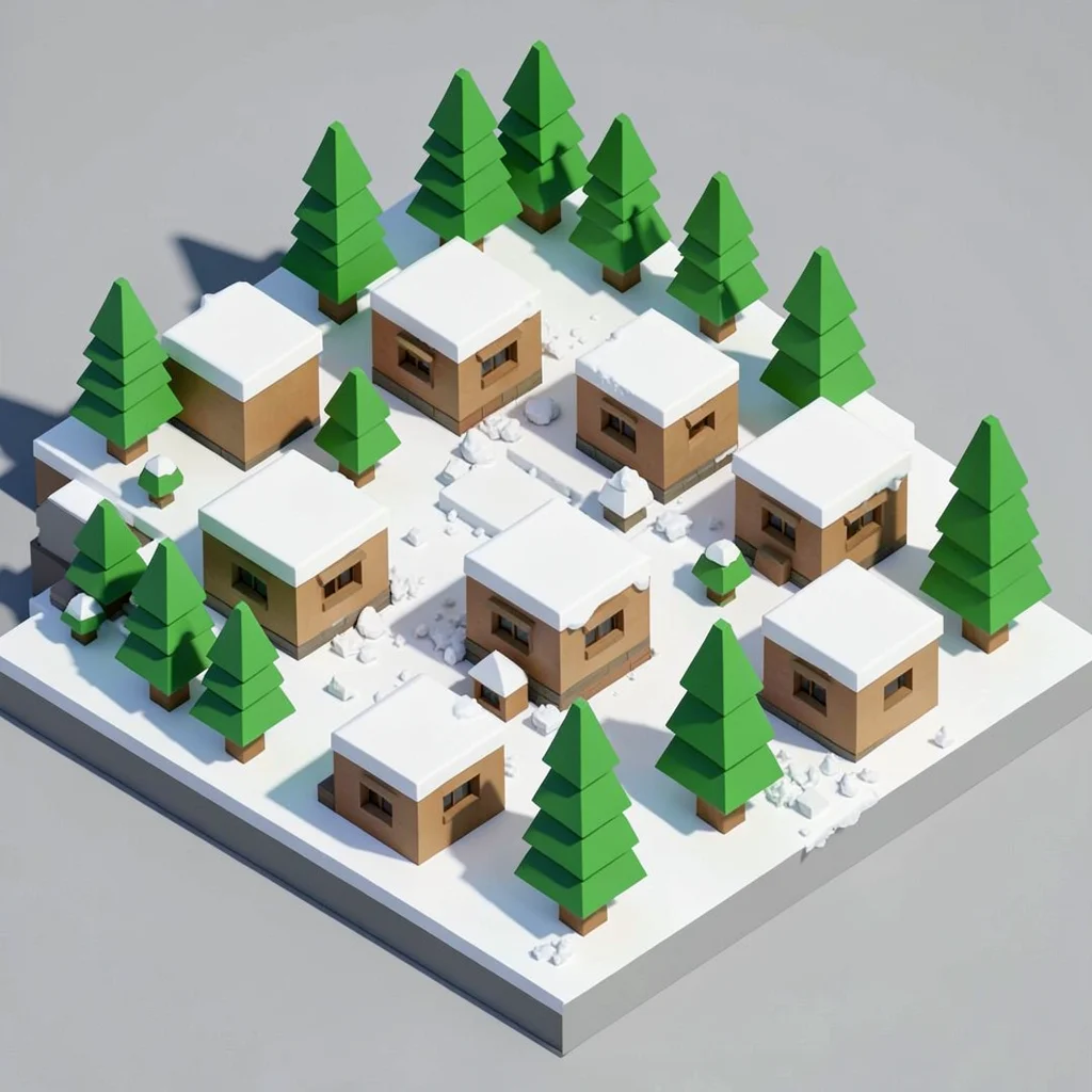 A snow-covered mountain village with cubic chalets, pine trees as green pyramids