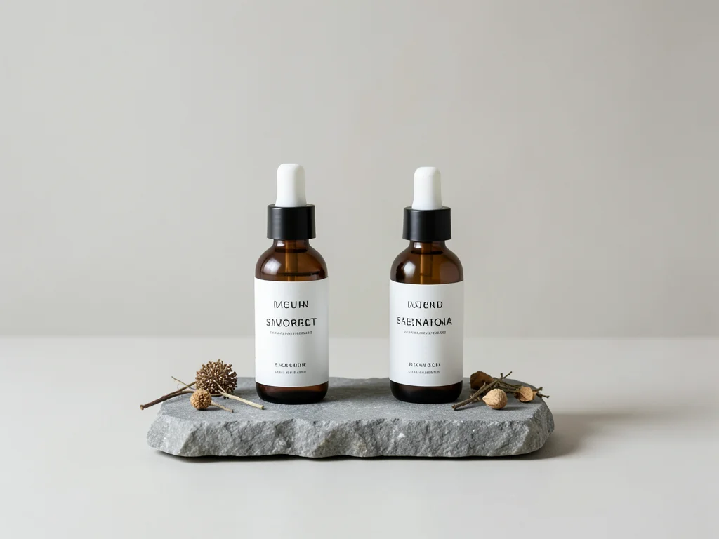 Skincare bottles arranged on a stone slab with dried botanicals, clean minimal a