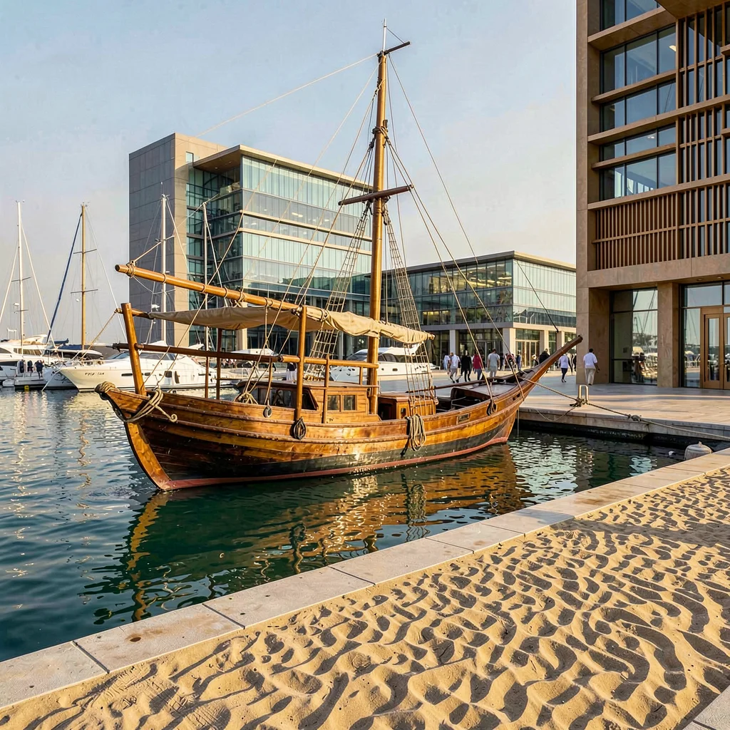 Contemporary Gulf photograph with heritage contrasts, Traditional wooden dhow bo
