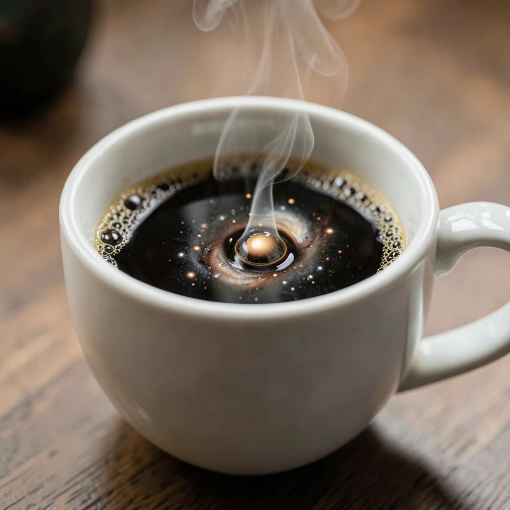 Coffee surface tension meniscus, microscopic oils forming galaxies in your morni