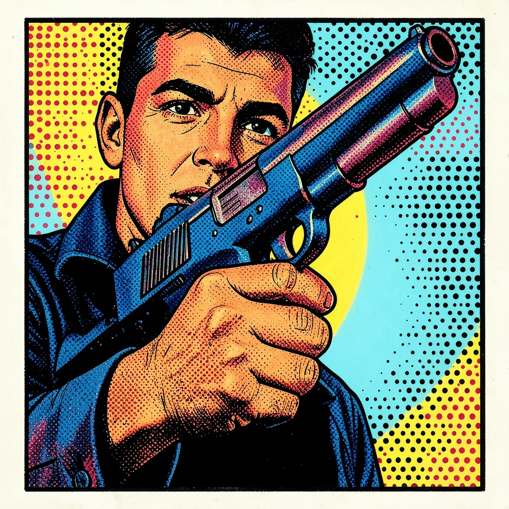 Halftone dot illustration, hand holding gun dramatic , Ben-Day dots, pop art aes