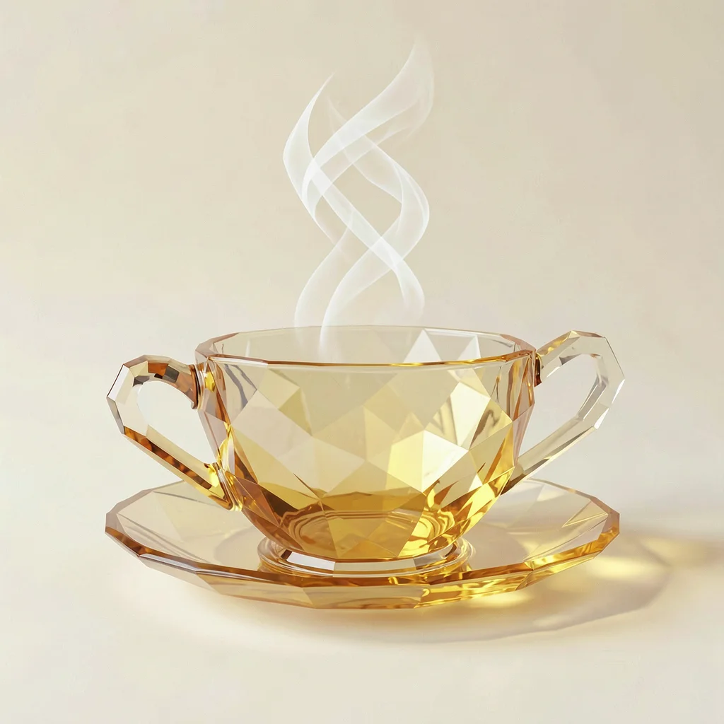 Faceted citrine-yellow tea cup with steam coiling above it on a cream gradient b