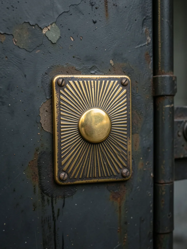 A brass door push plate on a hospital entrance showing fifty years of palm-polis