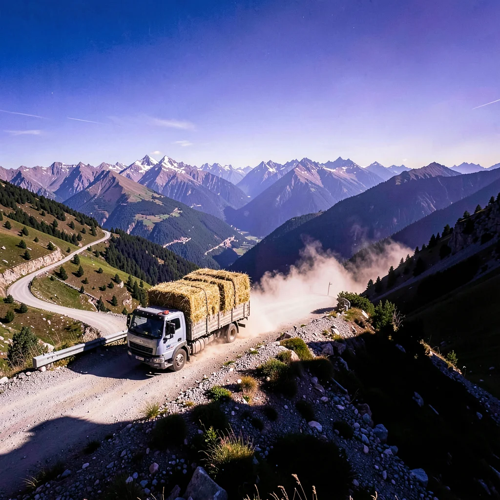 High altitude photograph, thin mountain air, A truck loaded with hay climbing a 