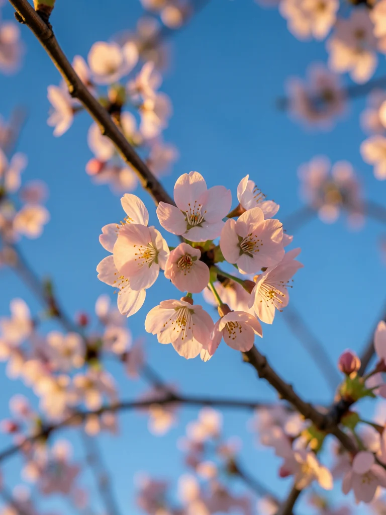 Close-up of cherry blossom branch against clear blue sky, soft pink petals