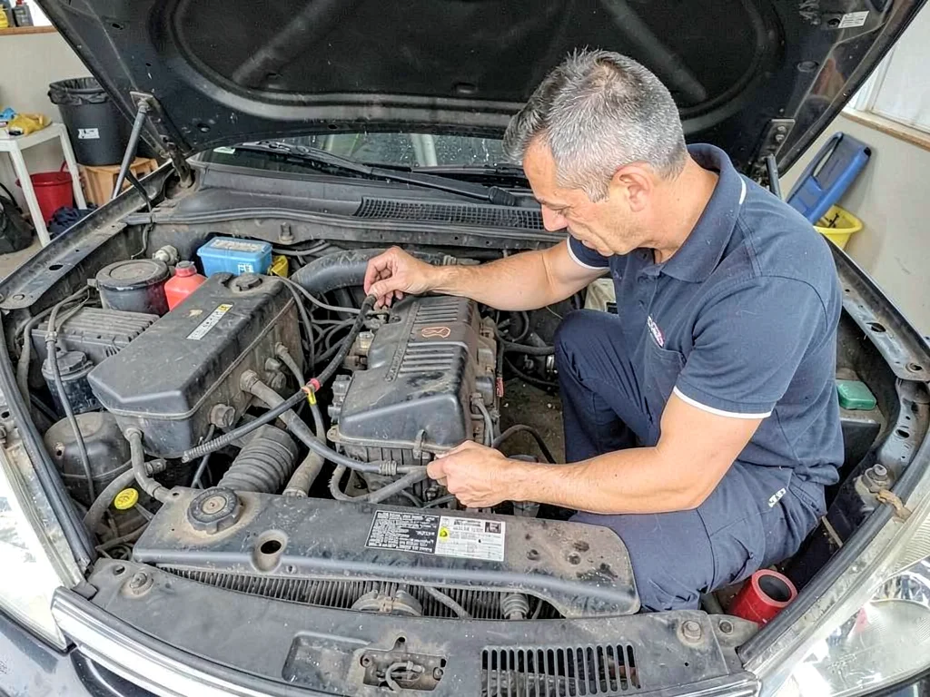 Mechanics under car hood