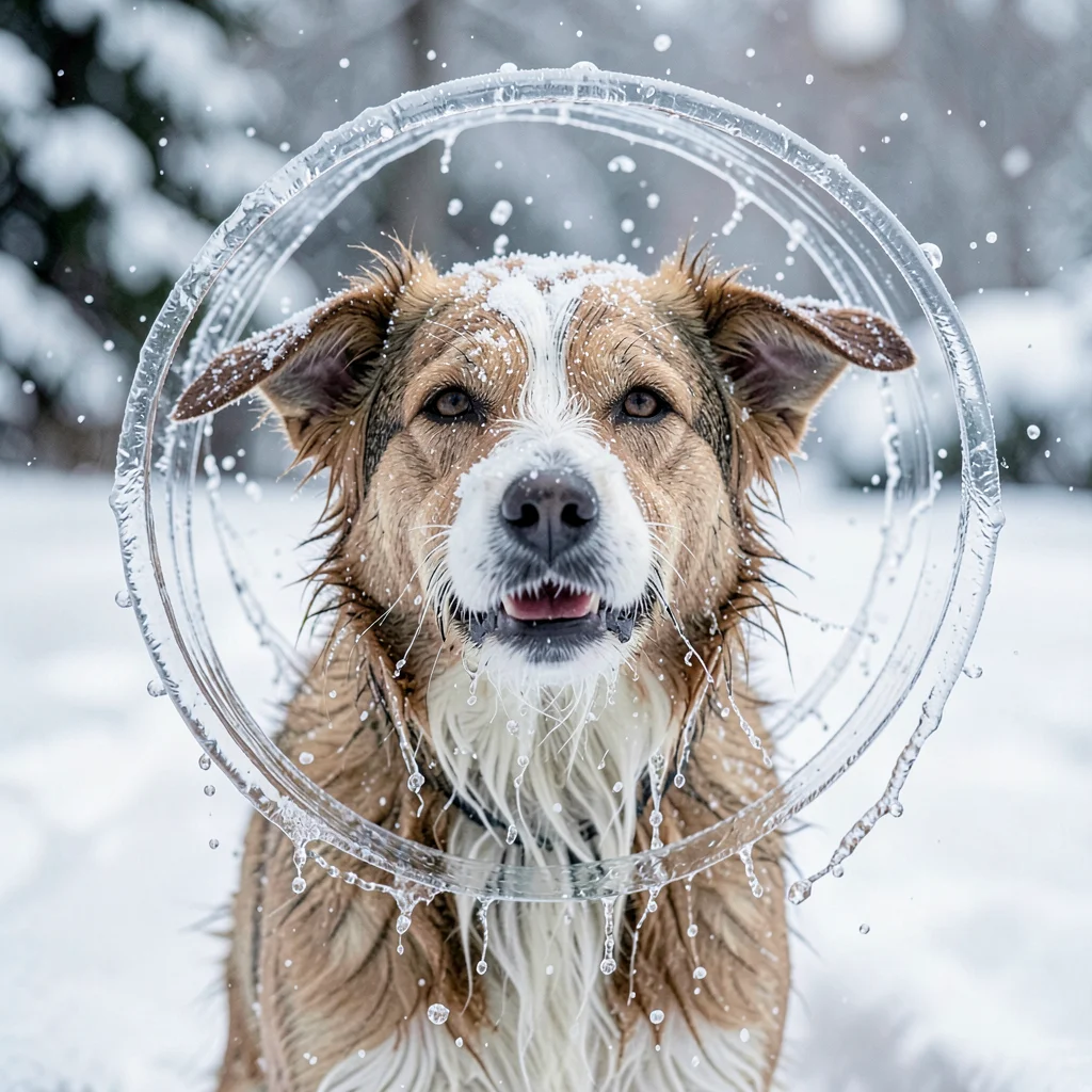 A dog shaking off water frozen at 1/8000, their face mid-wobble, ears inside-out