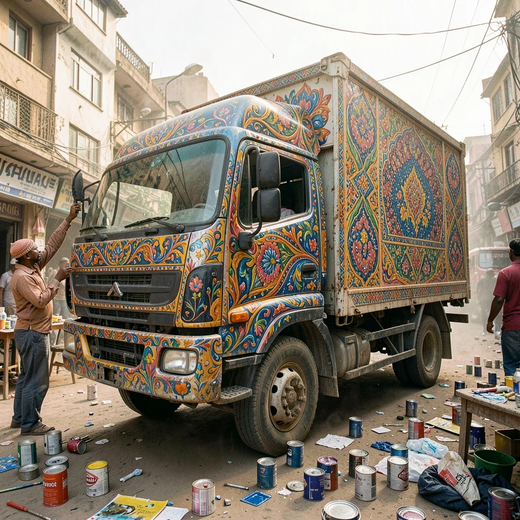 Elaborate decoration surviving dusty Lahore streets, Truck being painted in work