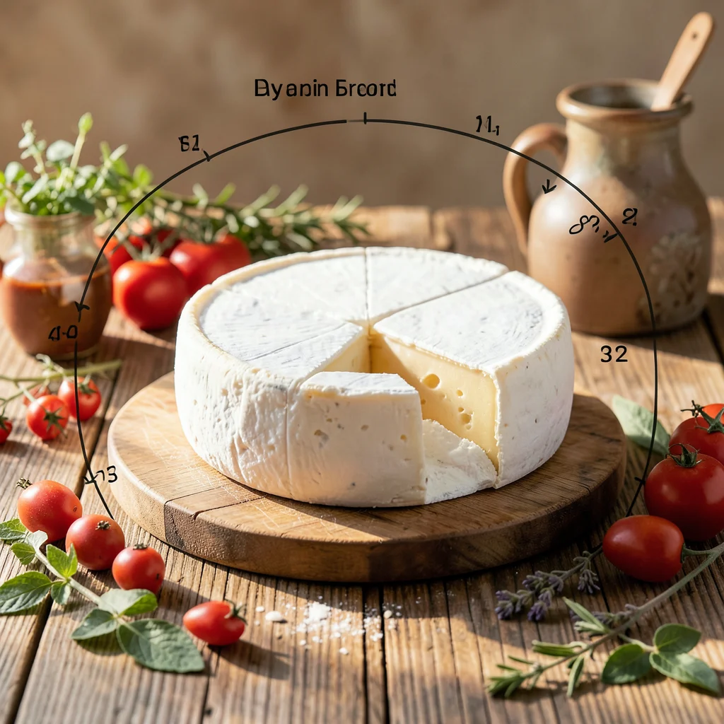 Cheese wheel photo with aging process timeline illustration around edges
