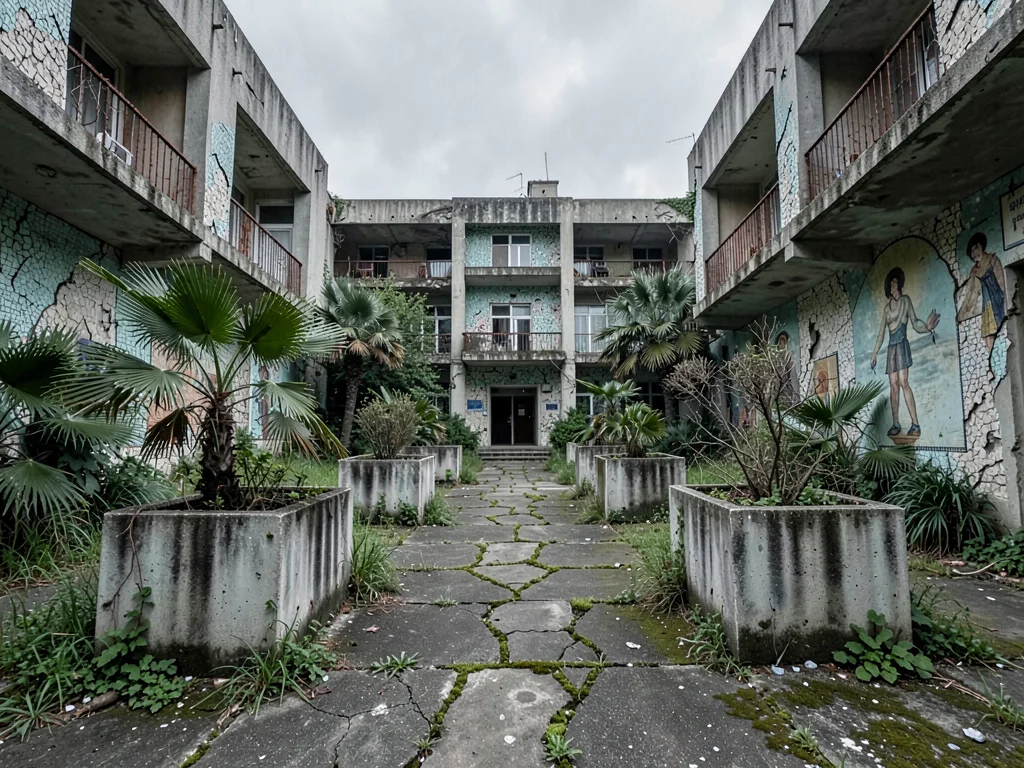Overgrown Garden Path Between Soviet Concrete Planters