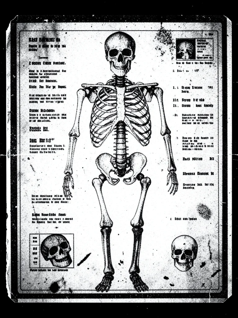 Degraded photocopy of skeleton anatomy chart, Halloween classroom decoration