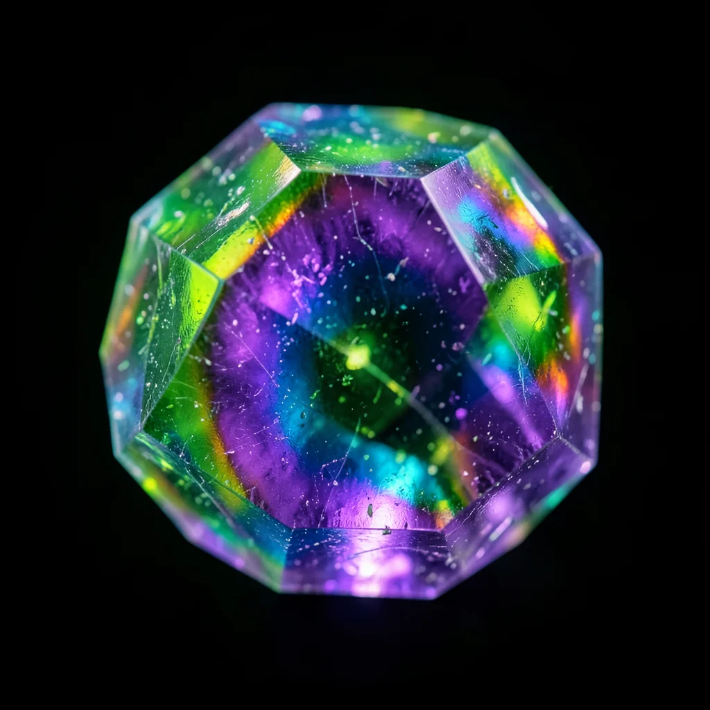 Fluorite octahedron in green and purple zones, backlit to show translucency and 