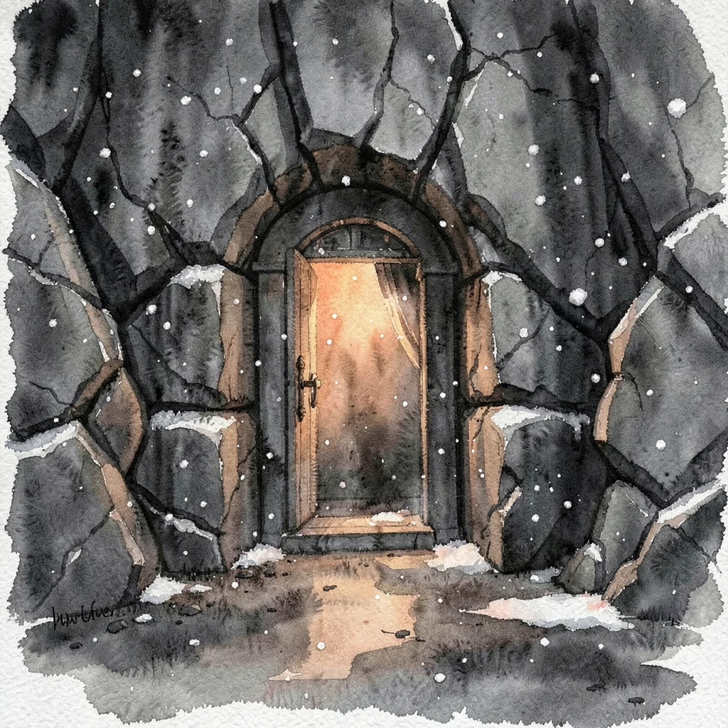 Cellar entrance carved into a basalt cliff face, soft orange ember-light leaking