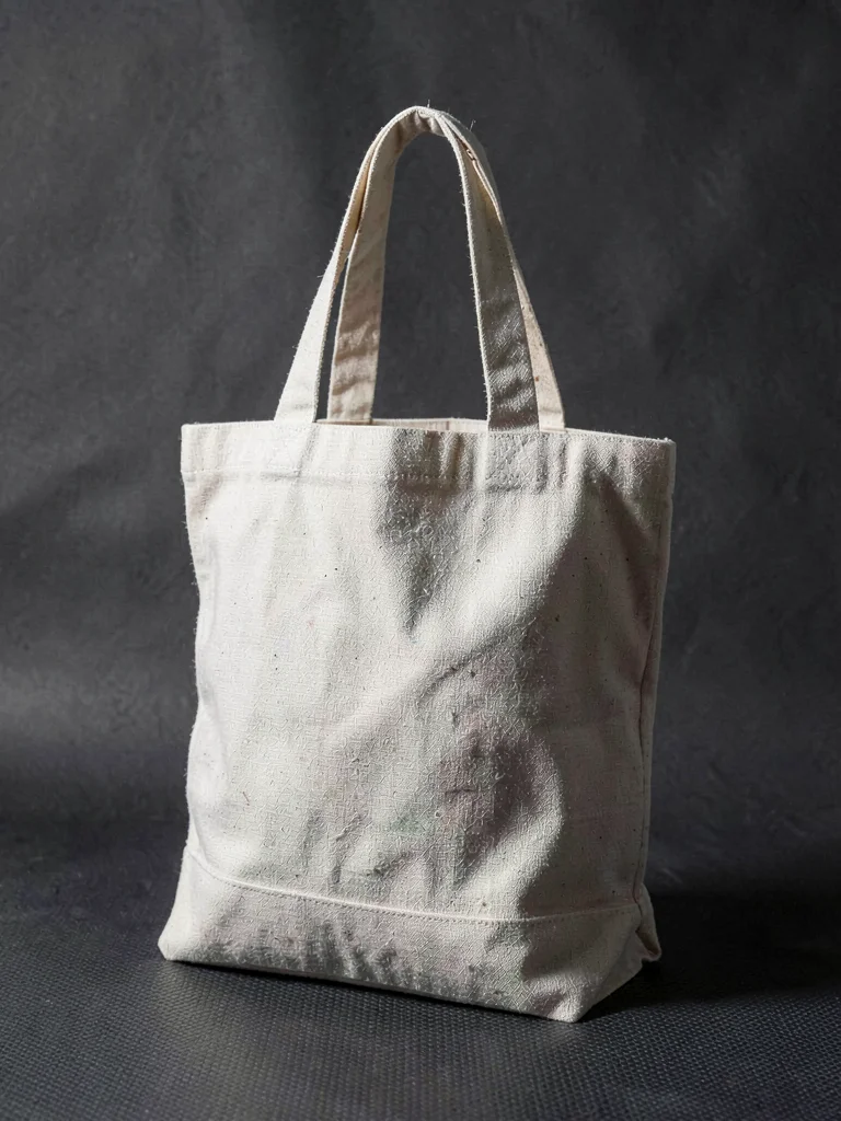 Heavyweight canvas tote bag standing rumpled and soft at three-quarter angle on 