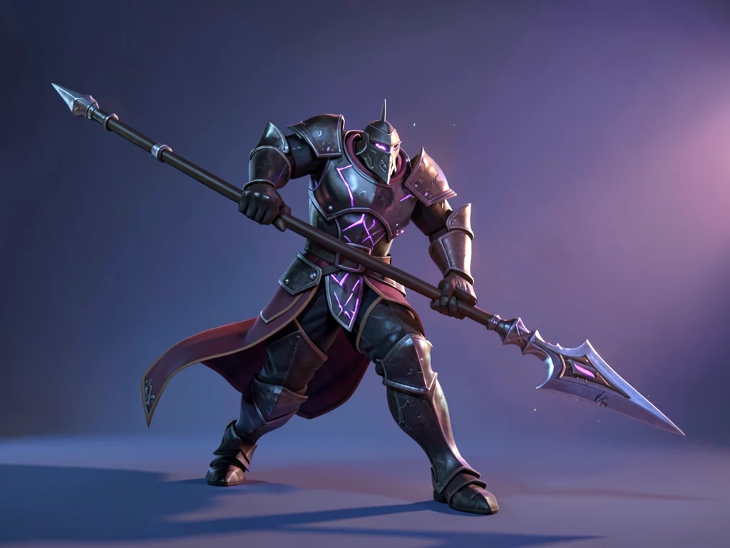 Twilight knight in obsidian plate with violet-glowing seams, two-handed warpick 