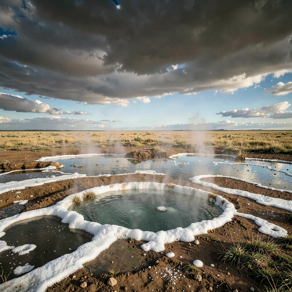 Vast horizontal landscape, extreme width composition, Mineral spring creating wh